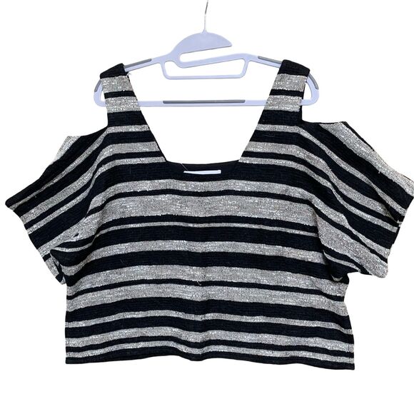 MORGAN CARPER Anthropologie Boucle Knit Stripe Open Cold Shoulder Top - Picture 11 of 12